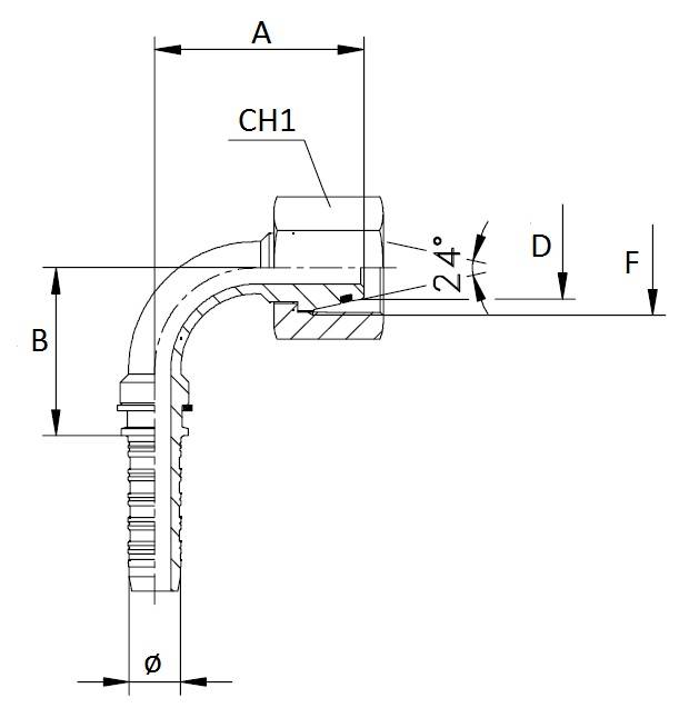 Specifikace - Lis. armatura s vnitřním závitem DIN 24, 1/4", M 14x1,5, 90 st.