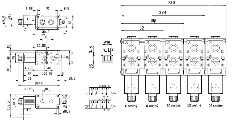 Specifikace - Průmyslový 6 cestný modulární ventil 90l, 24V, 1/2"